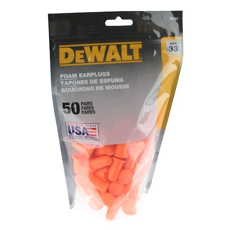 Dewalt Disposable Foam Bell Shape, 33 dB, Orange, 1 PR DPG63BG50